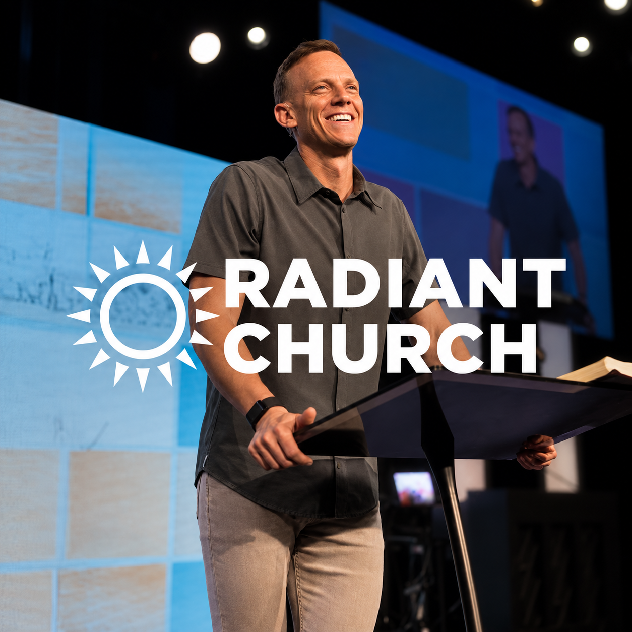 Aaron Burke speaking with the Radiant Church logo, AI-restored source image