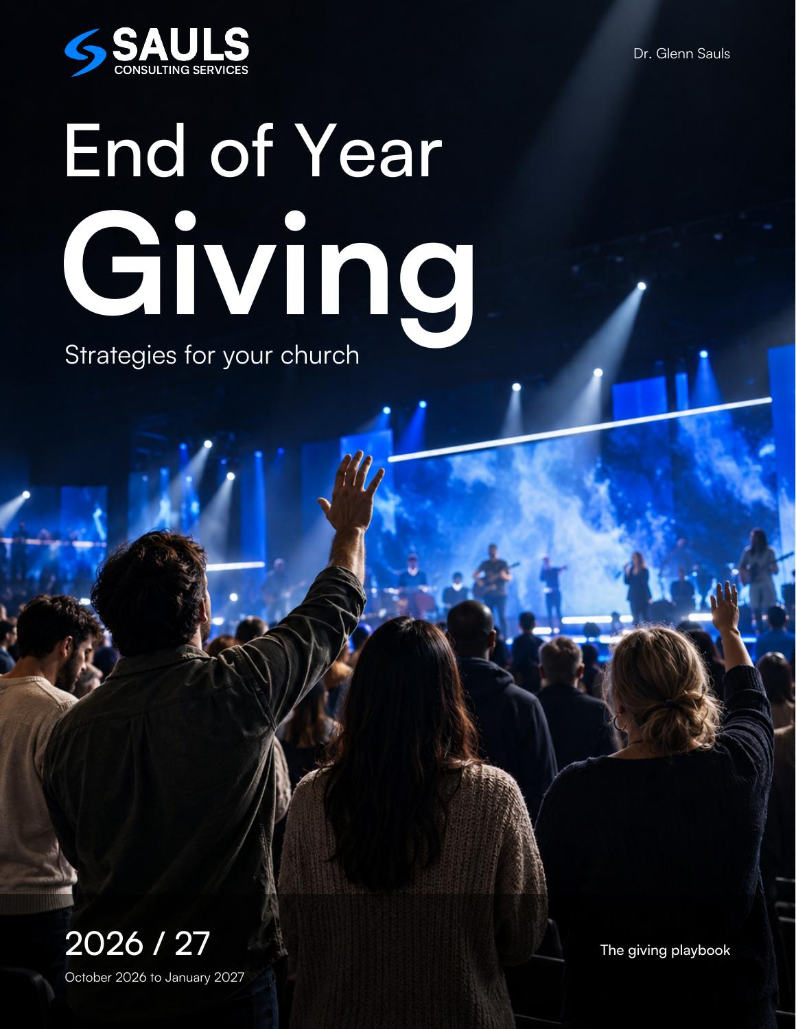 2026-27 End of Year Giving playbook by Dr. Glenn Sauls, with an illustrative contemporary worship scene